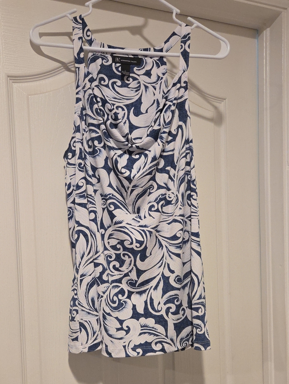 INC International Concepts Navy & White Printed Cowl-Neck Tank
